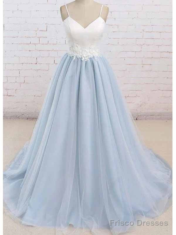 Spaghetti Straps Sweep Train Backless Light Blue Tulle Prom Dress Evening Dress