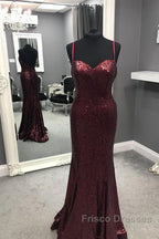 Spaghetti Straps Sweetheart Mermaid Sequins Formal Prom Dress