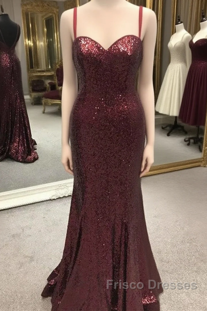 Spaghetti Straps Sweetheart Mermaid Sequins Formal Prom Dress