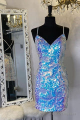 Spaghetti Straps Tight Blue Sequins Homecoming Dress Party Dress