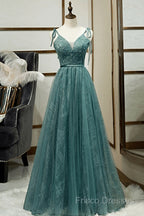 Spaghetti Straps Tulle Modest A Line Formal Dress Long Formal Prom Dress