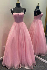 Spaghetti Straps Tulle Purple Bling Bling A Line Prom Dress