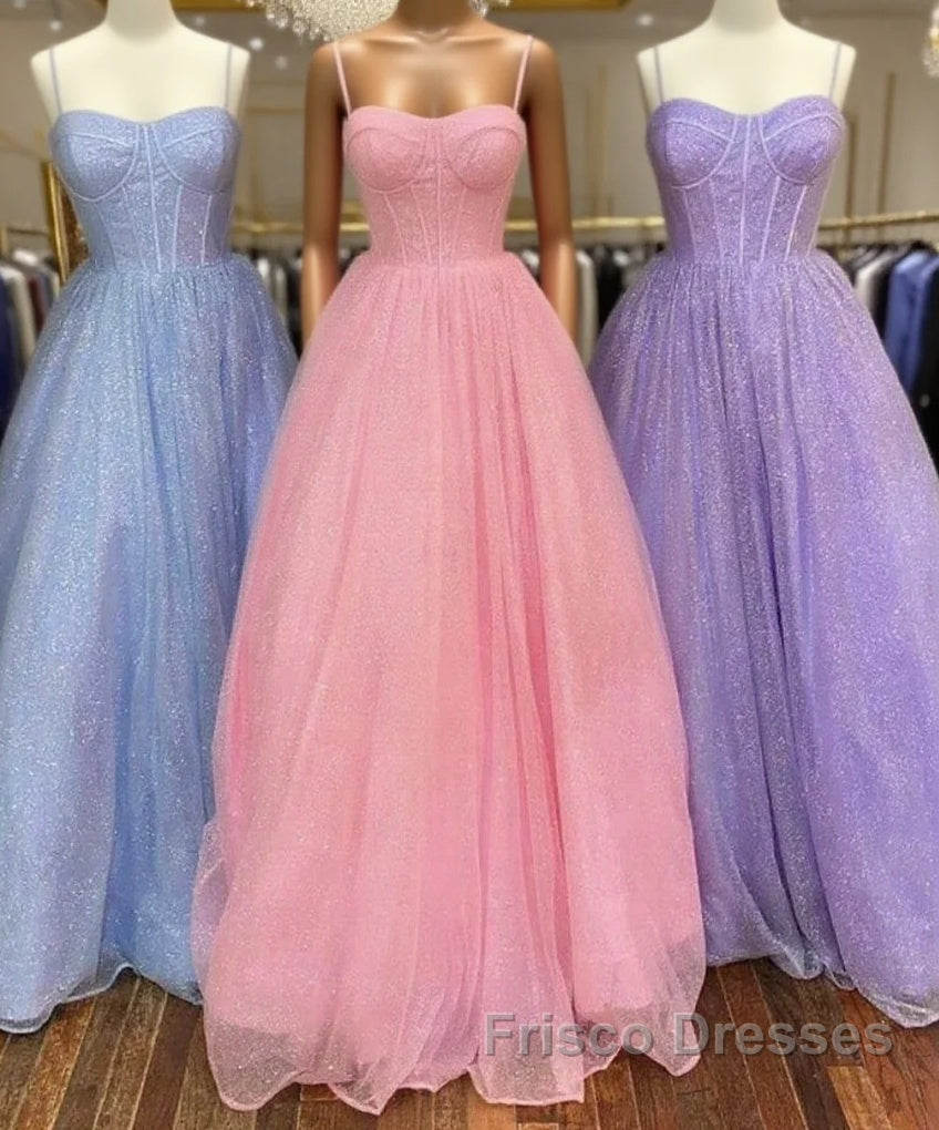 Spaghetti Straps Tulle Purple Bling Bling A Line Formal Prom Dress