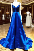 Spaghetti Straps V-Neck A-Line Royal Blue Formal Prom Dress,