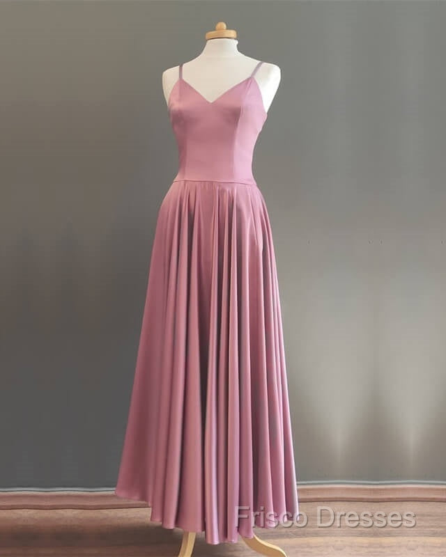 Spaghetti Straps V Neck Ankle Length Bridesmaid Dress