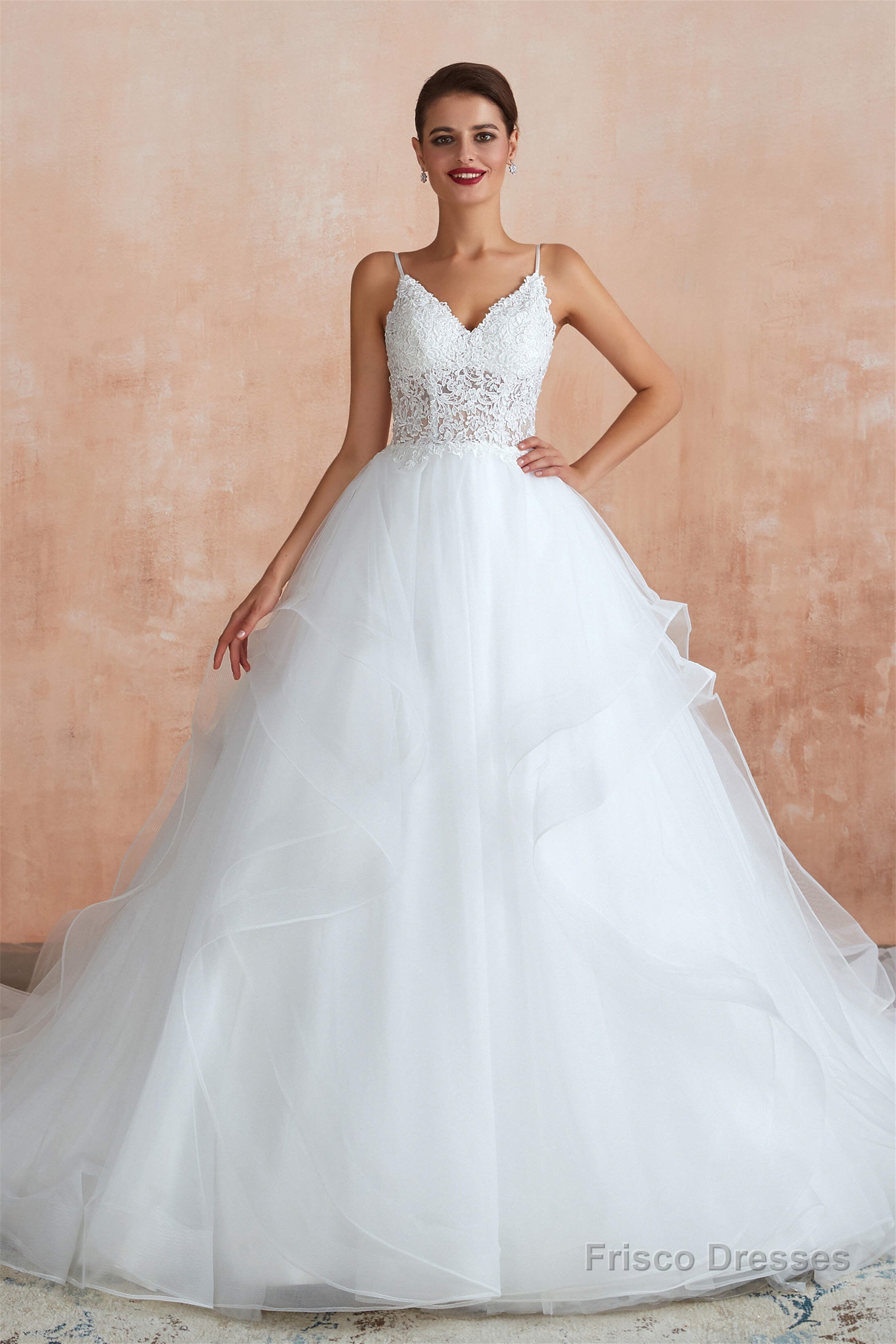 Spaghetti Straps V-neck Lace Organza Tiered A-line Wedding Dresses Secondary image