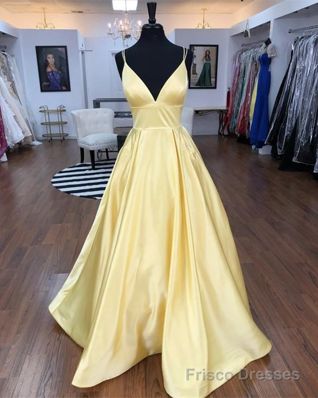 Spaghetti Straps V-neck Long Daffodil Simple Satin Prom Dresses Main image