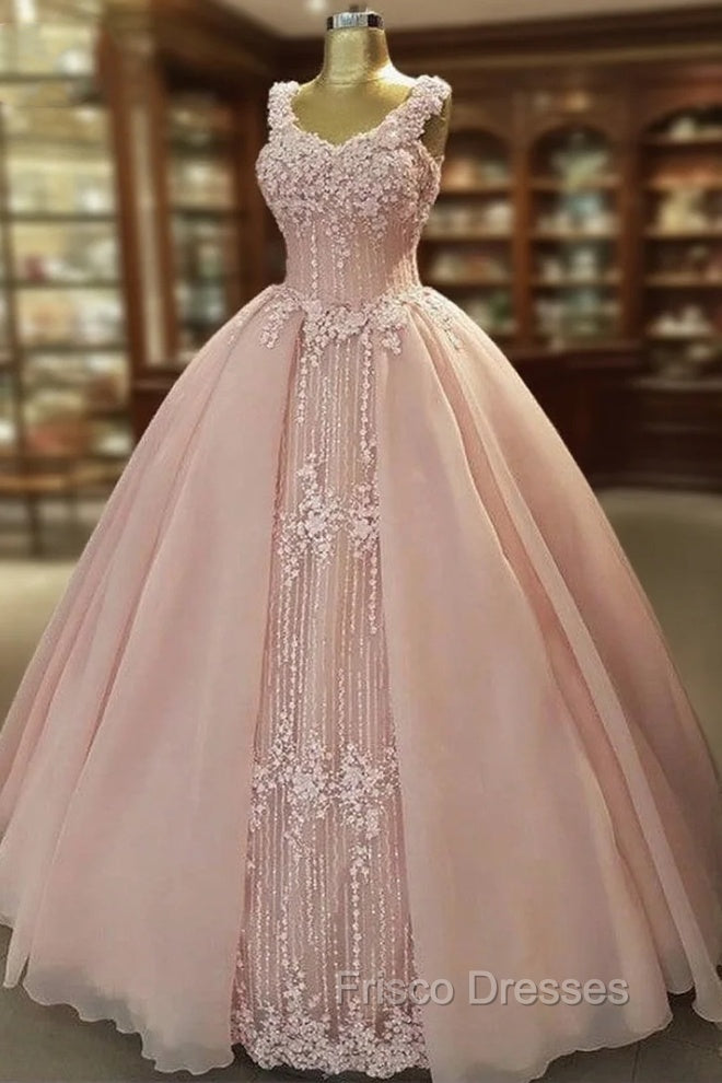Spaghetti Straps V Neck Pink Tulle Wedding Dress Ball Gowns Main image