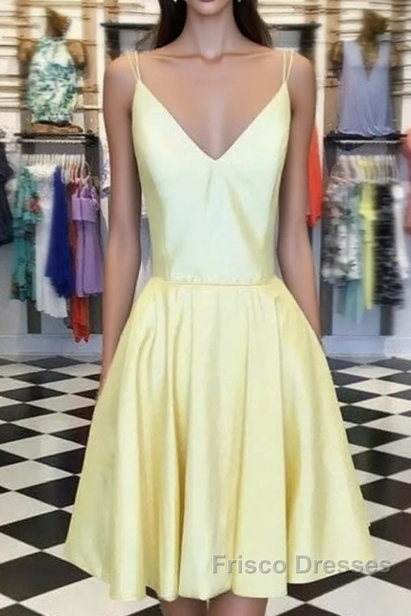 Spaghetti Straps V-Neck Satin Homecoming Dress Short Mini Cocktail Dress Main image