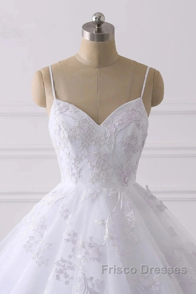 Spaghetti-Straps V-Neck Wedding Dress With Lace Appliques