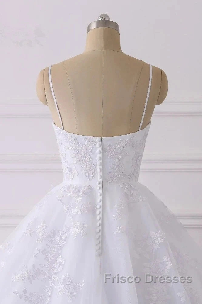 Spaghetti-Straps V-Neck Wedding Dress With Lace Appliques