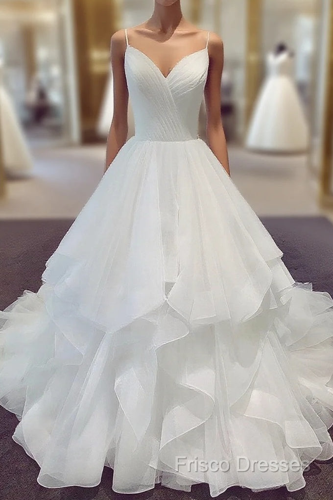Spaghetti Straps V Neck White Wedding Dress, V Neck White Puffy Wedding Gown, Bridal Dress Main image