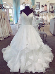 Spaghetti Straps V Neck White Wedding Dresses, V Neck White Puffy Wedding Gown, Bridal Dresses