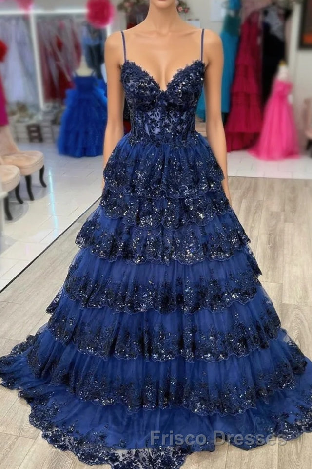 Spaghetti Straps White Layered A-Line Formal Prom Dress with Sequin Main image