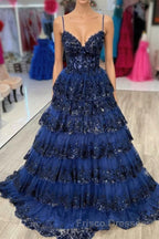 Spaghetti Straps White Layered A-Line Formal Prom Dress with Sequin