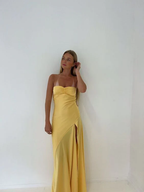 Spaghetti Straps Yellow Mermaid Long Party Dress Slit Prom Dress