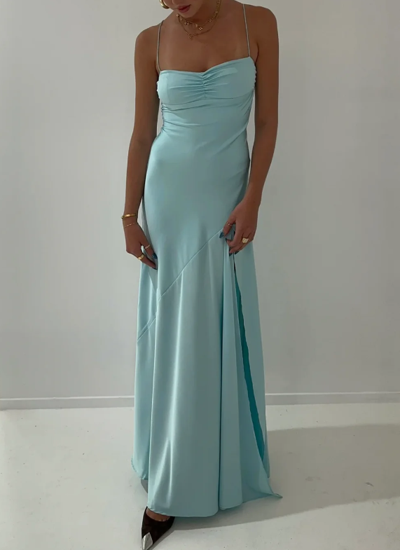 Spaghetti Strps Yellow Slit Long Prom Dress
