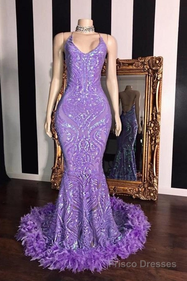 Spaghetti V-neck Sequins Floor Length Fur Train Mermaid Prom Dresses Main image