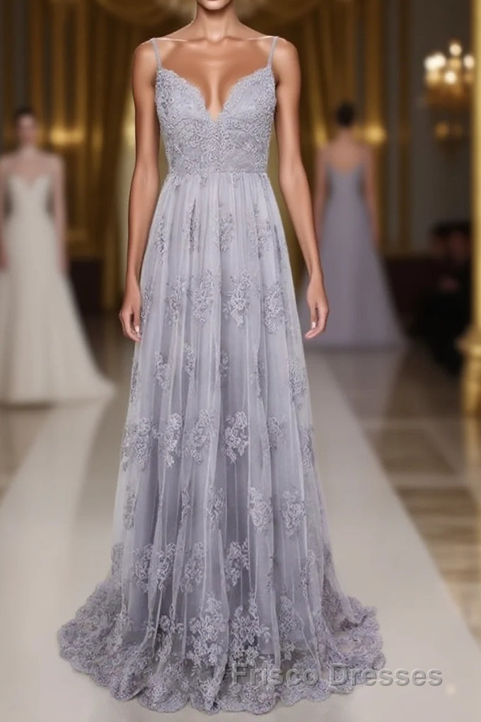 Spaghetti Straps Long Lace Formal Prom Gown, A Line V Neck Sleeveless Formal Prom Dress Main image