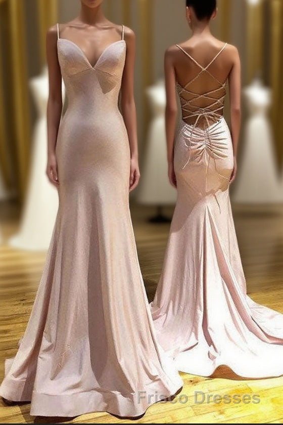 Pink Spaghetti Straps Mermaid Long Formal Prom Dress, Simple Formal Prom Gown Main image