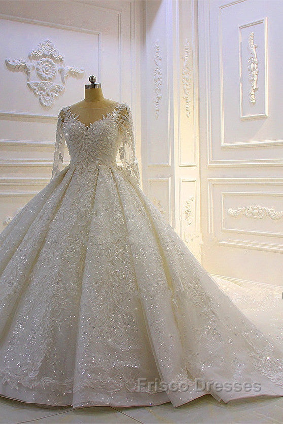 Sparkle 3D Lace Appliques Long Sleevess Church Train Wedding Dress Secondary image