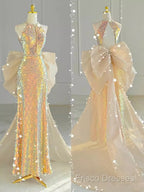 Sparkle A Line Scoop Neckline Sequin Gold Long Formal Prom Dress