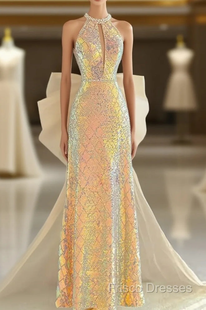 Sparkle A Line Scoop Neckline Sequin Gold Long Formal Prom Dress