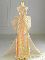 Sparkle A Line Scoop Neckline Sequin Gold Long Prom Dress