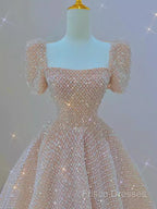 Sparkle A Line Square Neckline Sequin Pink Long Formal Prom Dress