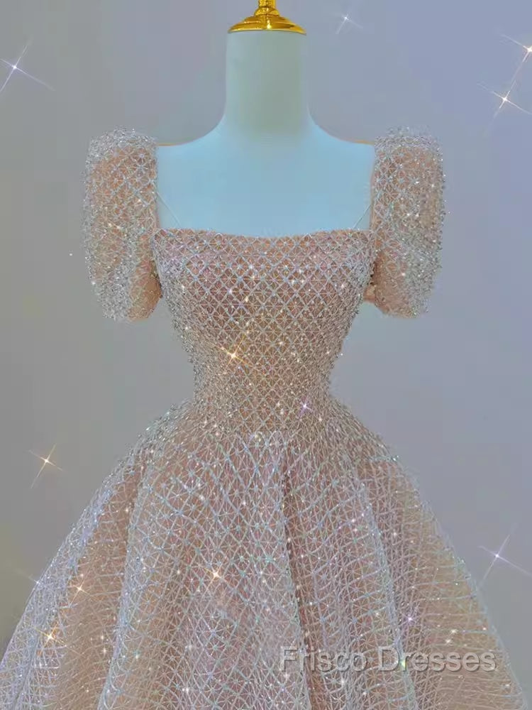 Sparkle A Line Square Neckline Sequin Pink Long Formal Prom Dress