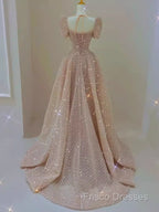 Sparkle A Line Square Neckline Sequin Pink Long Formal Prom Dress