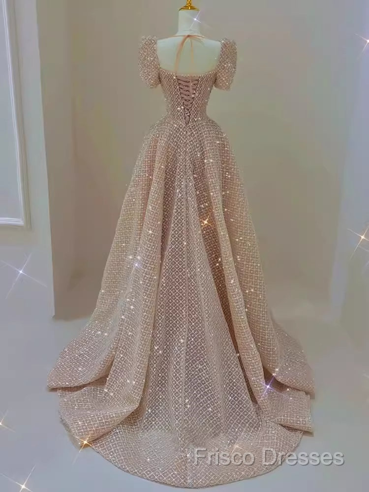 Sparkle A Line Square Neckline Sequin Pink Long Formal Prom Dress