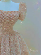 Sparkle A Line Square Neckline Sequin Pink Long Formal Prom Dress