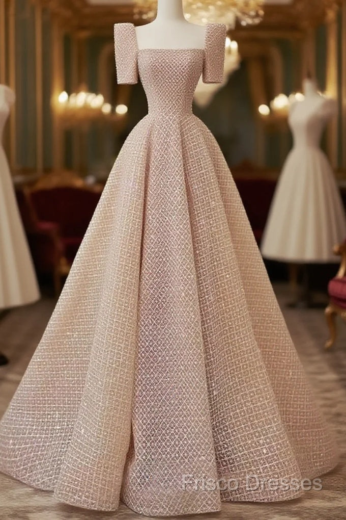 Sparkle A Line Square Neckline Sequin Pink Long Formal Prom Dress Main image
