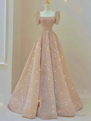 Sparkle A Line Square Neckline Sequin Pink Long Prom Dress
