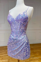 Sparkle Appliques Sequin Bodycon Lilac Homecoming Lace-up Dress