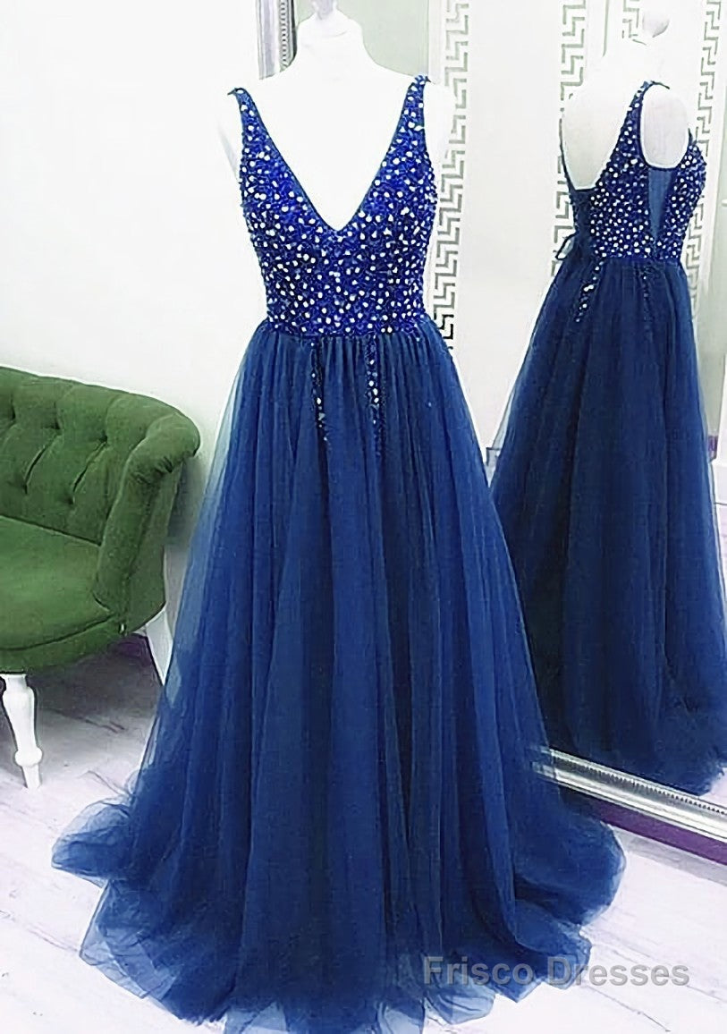 Sparkle Beaded Tulle V-neckline Floor Length Party Dress, Blue Junior Prom Dresses Formal Dresses Main image
