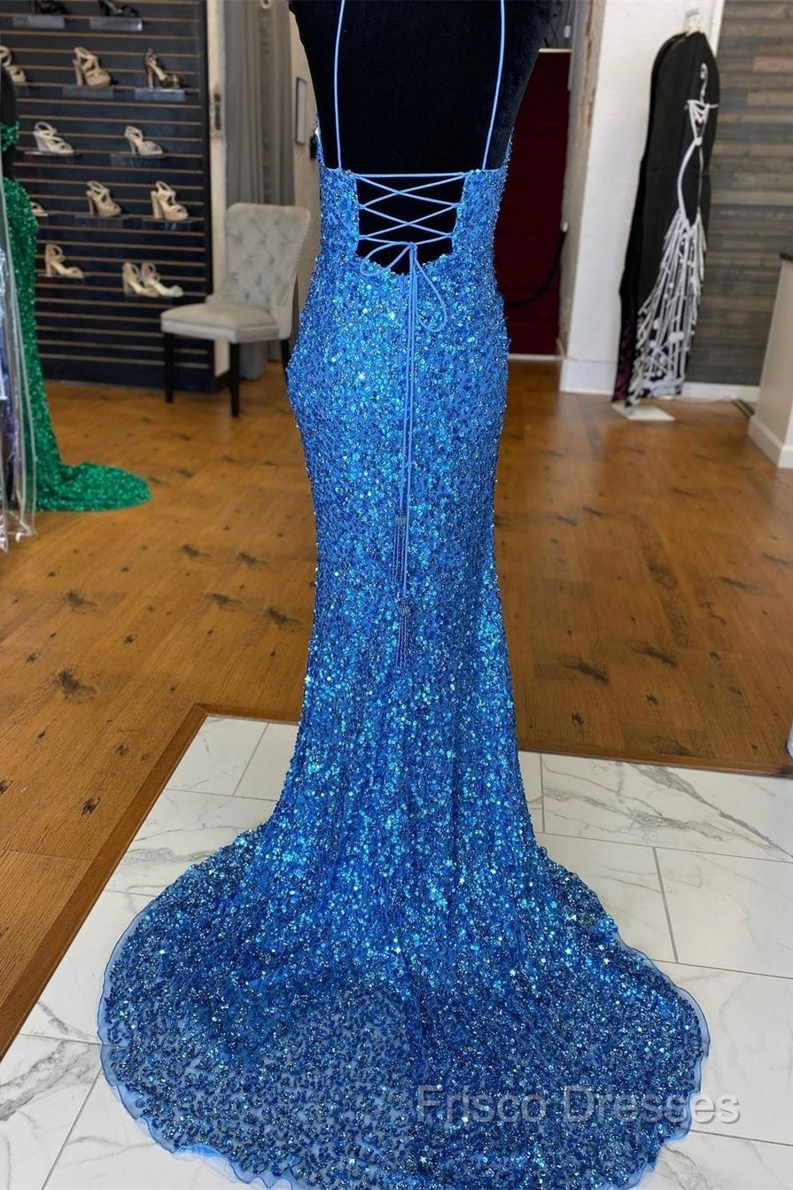Sparkle Blue Sequin Formal Prom Dress Iridescent Mermaid Long Formal Dress Side Slit Secondary image