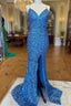 Sparkle Blue Sequin Formal Prom Dress Iridescent Mermaid Long Formal Dress Side Slit