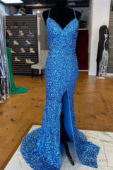 Sparkle Blue Sequin Prom Dresses Iridescent Mermaid Long Formal Dresses Side Slit
