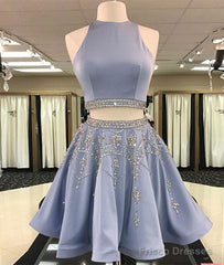 Sparkle Blue Two Pieces Beads Sequin Short Prom Homecoming Dress