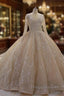 Sparkle Lace Long Sleevess Champange Luxurious corset Wedding Dress