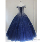 Sparkle Navy Blue Off Shoulder Ball Party Dress,Red Black Beaded Prom Dresses