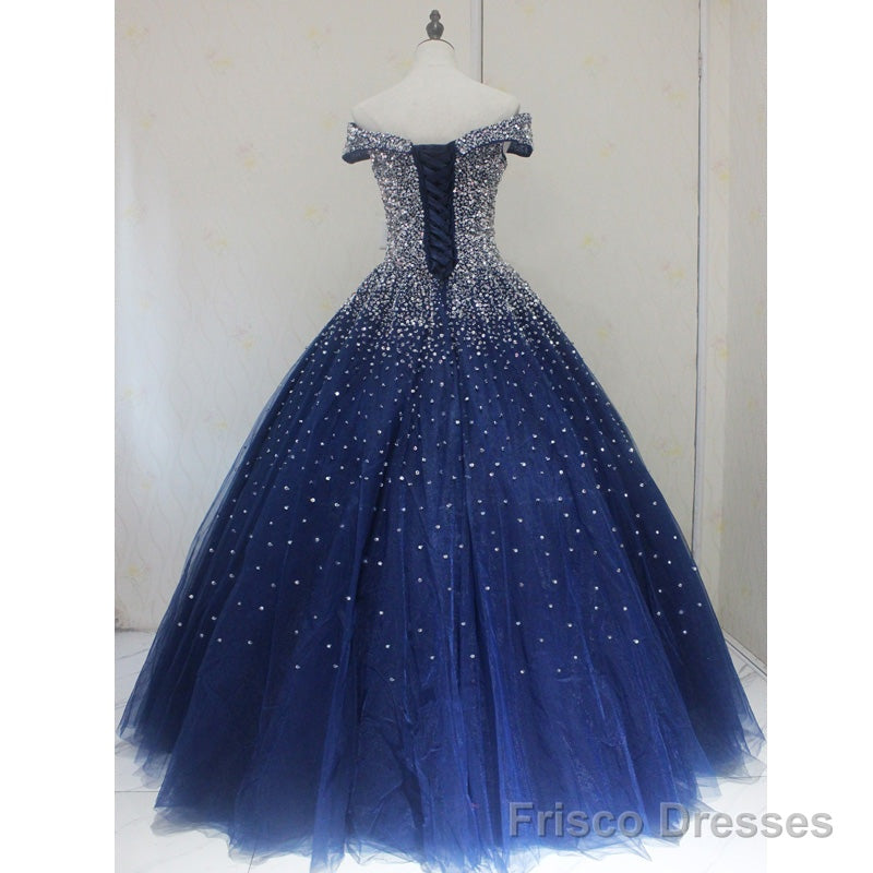 Sparkle Navy Blue Off Shoulder Ball Party Dress,Red Black Beaded Prom Dresses