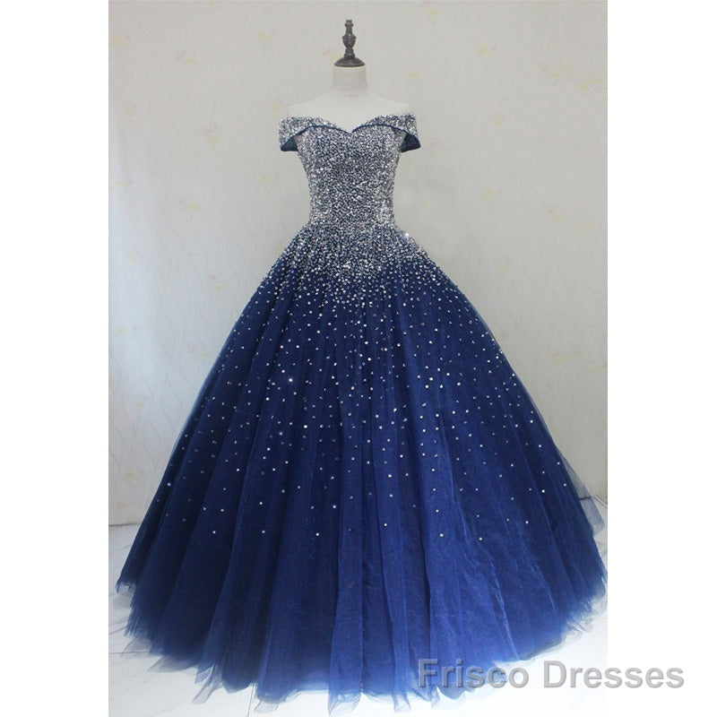 Sparkle Navy Blue Off Shoulder Ball Party Dress,Red Black Beaded Prom Dresses Main image