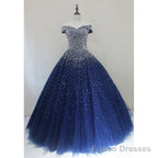 Sparkle Navy Blue Off Shoulder Ball Party Dress,Red Black Beaded Prom Dresses