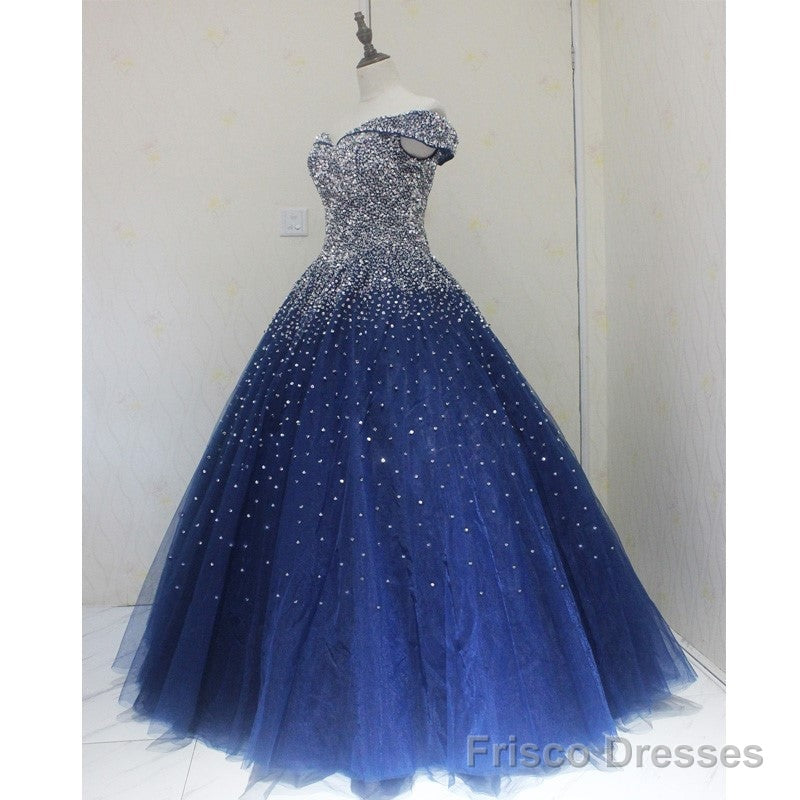 Sparkle Navy Blue Off Shoulder Ball Party Dress,Red Black Beaded Prom Dresses