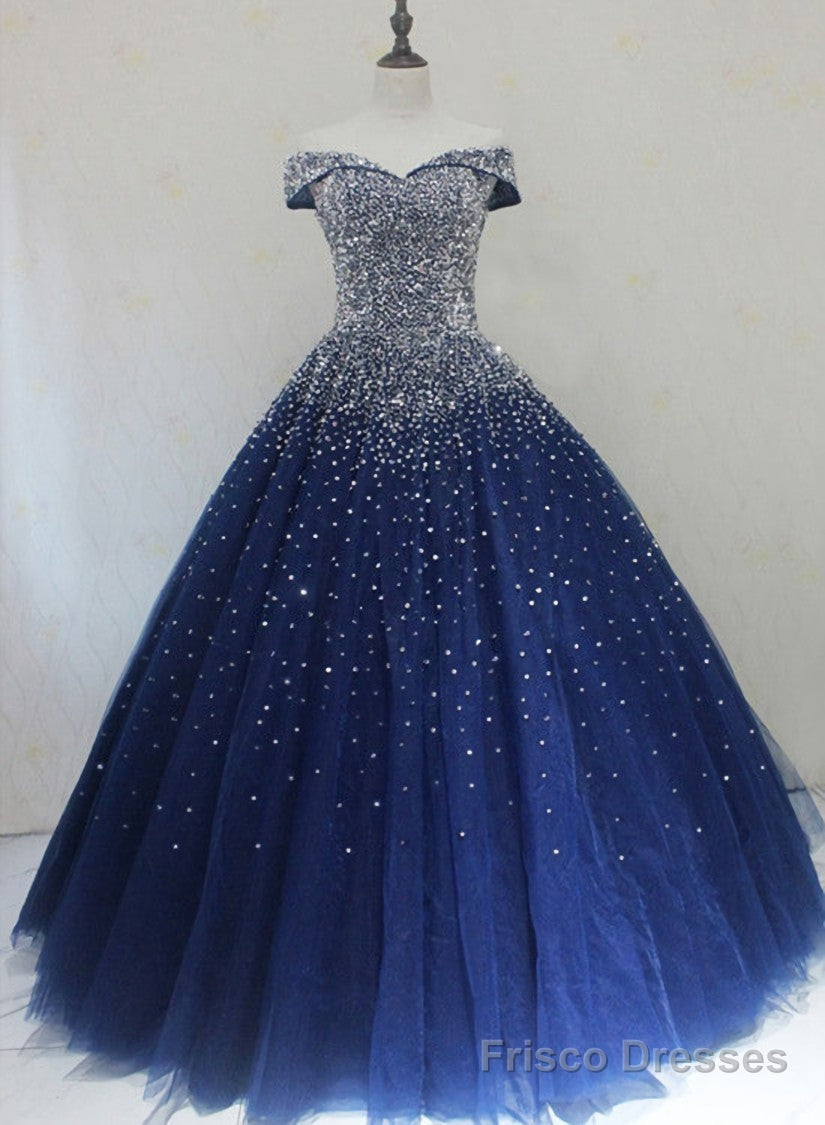 Sparkle Navy Blue Off Shoulder Ball Party Dress,Red Black Beaded Prom Dresses