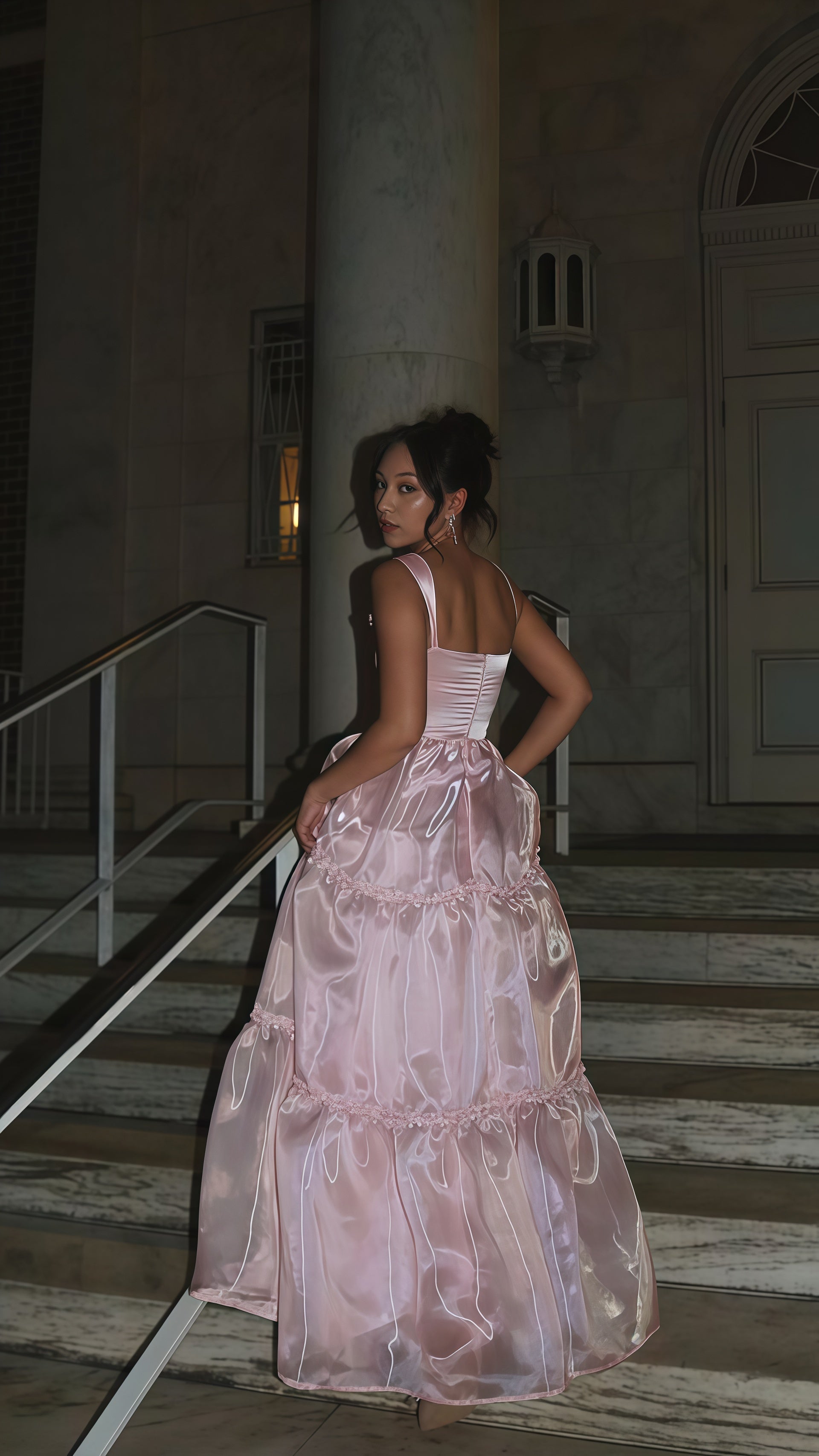 Sparkle Pink Organza A-Line Prom Dresses, Floor Length Evening Party Dress Secondary image