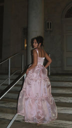 Sparkle Pink Organza A-Line Prom Dresses, Floor Length Evening Party Dress